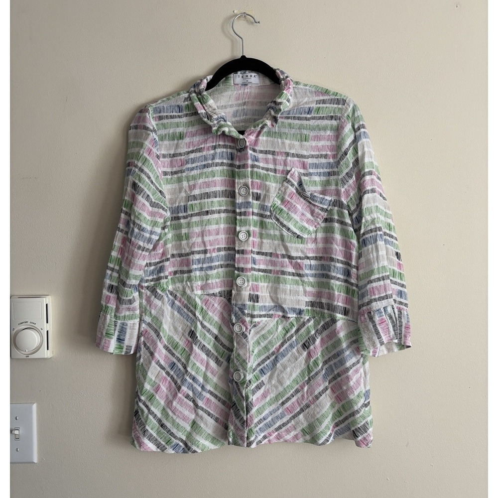 Terra SJ Apparel Medium‎ Button Up Blouse Pink Green White Lagenlook Cotton Boho